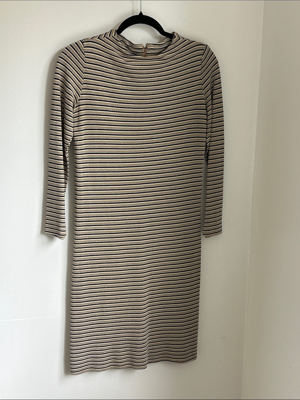 Vintage Silver & Black Metallic Striped Mock-Neck Long-Sleeve Bodycon Knit Dress